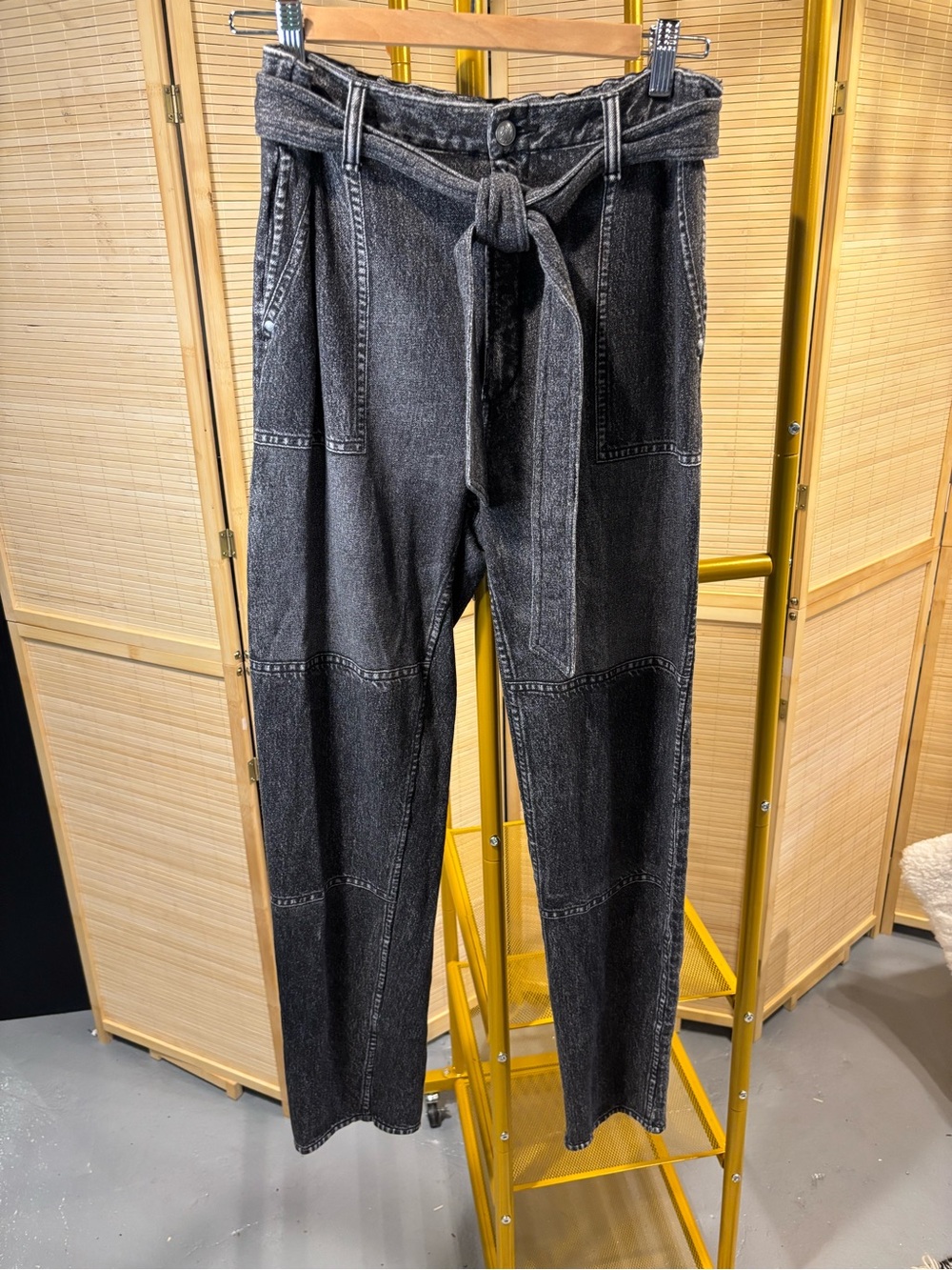 Rag & Bone High-Waist Tie Belt Washed Black Denim Pants - “Sweatpants Jeans”